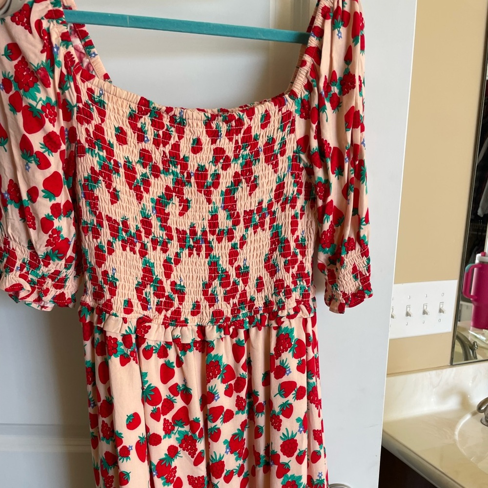 Betsey Johnson Strawberry Fields Smocked Challis Maxi Dress Puff Sleeves Small